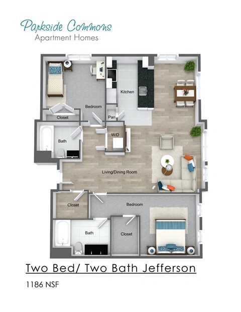 Floor plan for 2 beds, 2 baths, 1186 sqft